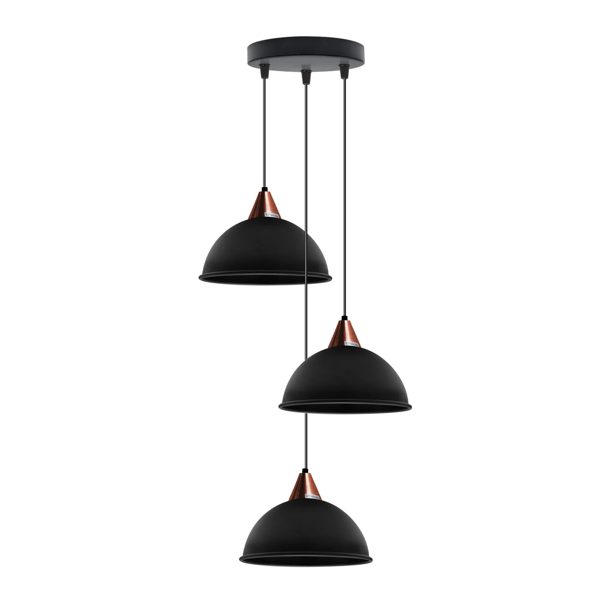3-Light Pendant – Round Plate or Bar, Cones, Cages or Glass Globes, E27 - Copper, Dome 21 cm Black, Round Plate, Without Bulb