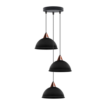 3-Light Pendant – Round Plate or Bar, Cones, Cages or Glass Globes, E27 - Copper, Dome 21 cm Black, Round Plate, Without Bulb