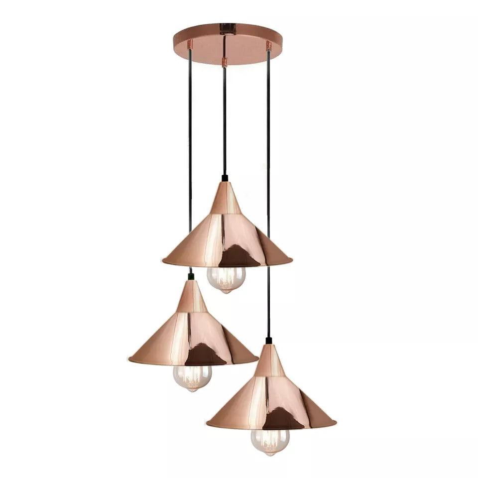 3-Light Pendant – Round Plate or Bar, Cones, Cages or Glass Globes, E27 - Rose Gold, Flat Cone Rose Gold, Round Plate, Without Bulb