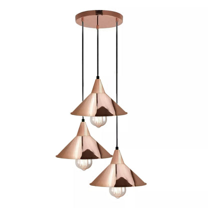 3-Light Pendant – Round Plate or Bar, Cones, Cages or Glass Globes, E27 - Rose Gold, Flat Cone Rose Gold, Round Plate, Without Bulb