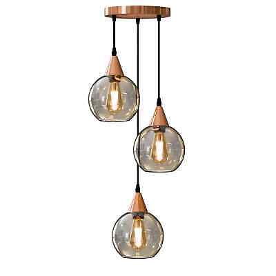 3-Light Pendant – Round Plate or Bar, Cones, Cages or Glass Globes, E27 - Rose Gold, Amber Glass Globe, Round Plate, Without Bulb