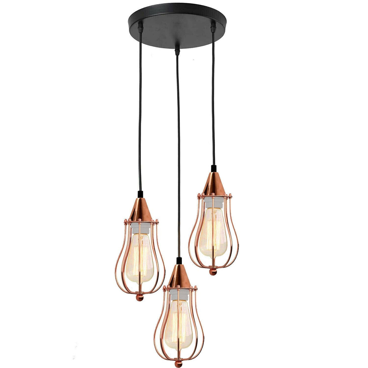 3-Light Pendant – Round Plate or Bar, Cones, Cages or Glass Globes, E27 - Rose Gold, Balloon Cage Rose Gold, Round Plate, T130 LED Bulb 4W