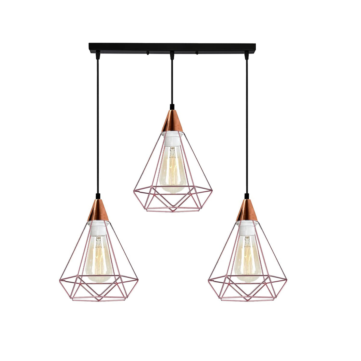 3-Light Pendant – Round Plate or Bar, Cones, Cages or Glass Globes, E27 - Rose Gold, Diamond Cage Rose Gold, Ceiling Bar, Without Bulb