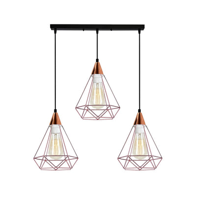 3-Light Pendant – Round Plate or Bar, Cones, Cages or Glass Globes, E27 - Rose Gold, Diamond Cage Rose Gold, Ceiling Bar, Without Bulb