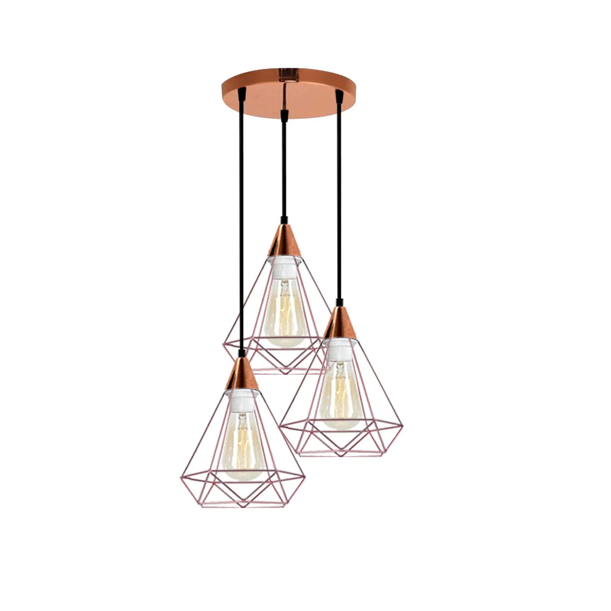 3-Light Pendant – Round Plate or Bar, Cones, Cages or Glass Globes, E27 - Rose Gold, Diamond Cage Rose Gold, Round Plate, Without Bulb