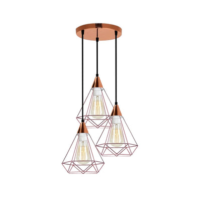 3-Light Pendant – Round Plate or Bar, Cones, Cages or Glass Globes, E27 - Rose Gold, Diamond Cage Rose Gold, Round Plate, Without Bulb