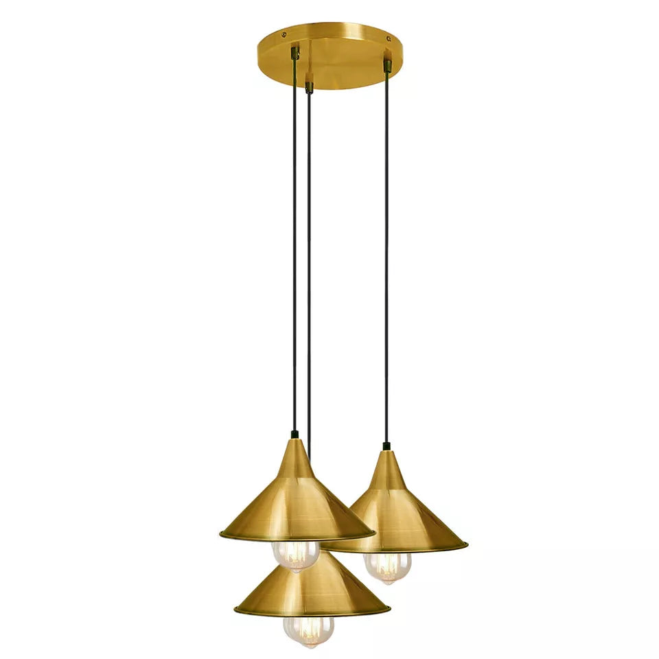 3-Light Pendant – Round Plate or Bar, Cones, Cages or Glass Globes, E27 - Yellow Brass, Flat Cone Yellow Brass, Round Plate, Without Bulb