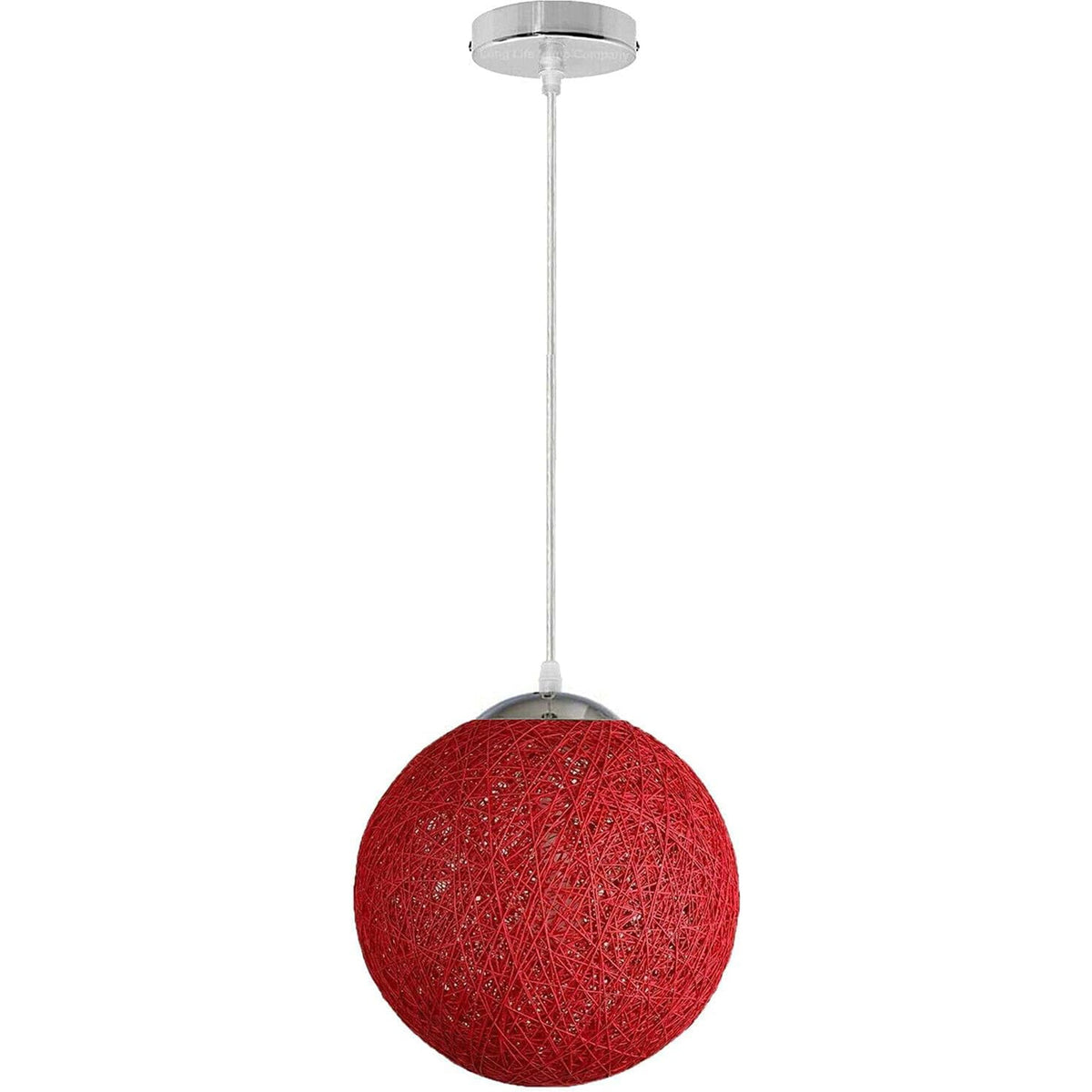 Chrome Pendant Light â€“ Gold Crystal Ball or Red Rattan Ball Shade - Chrome, Rattan Ball Red, Without Bulb