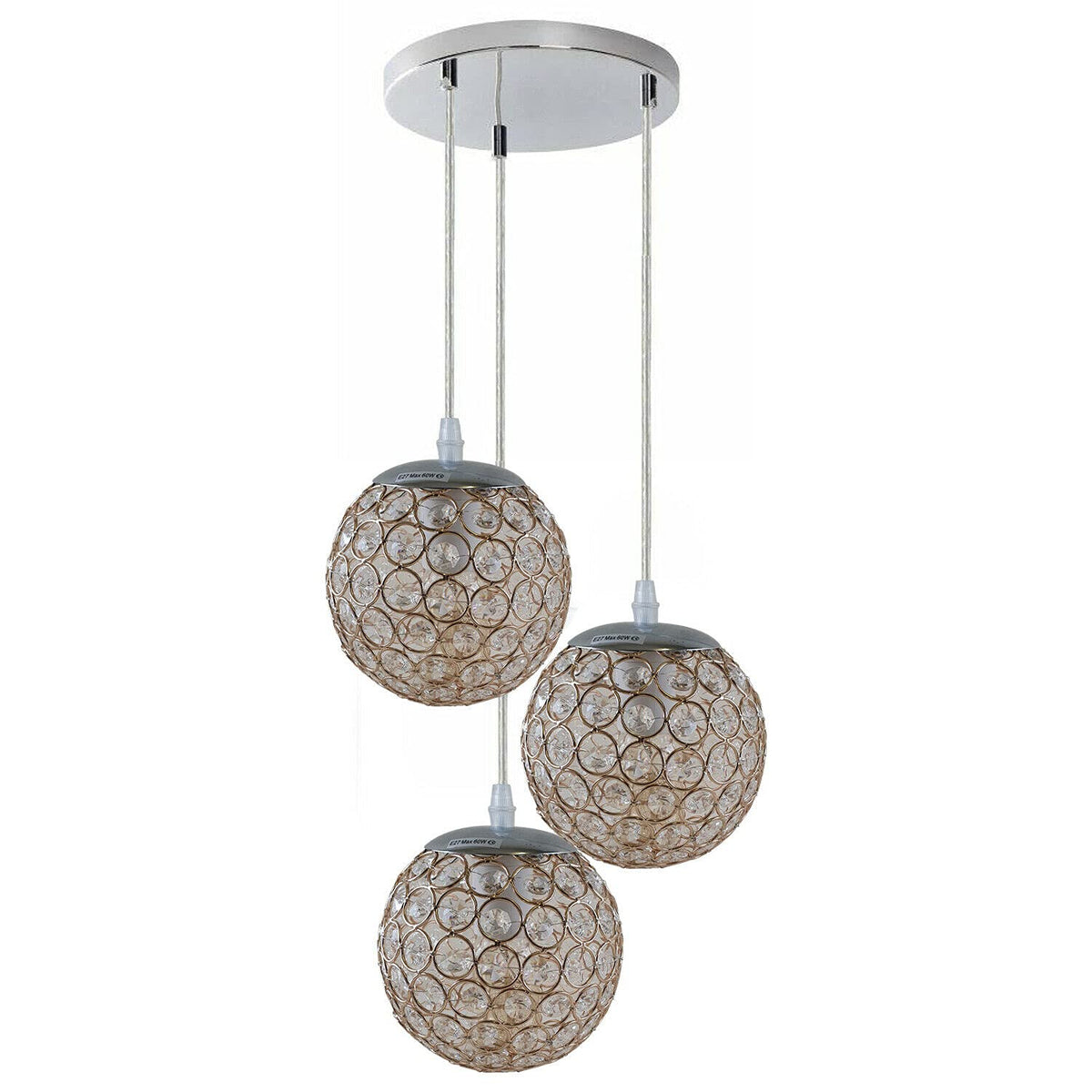 3-Light Rattan Ball Pendant – Round Plate or Bar, Colours & Mixed Sets - Chrome, Crystal Ball 15 cm French Gold, Without Bulb