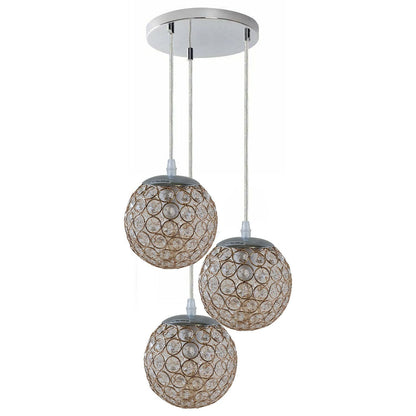 3-Light Rattan Ball Pendant – Round Plate or Bar, Colours & Mixed Sets - Chrome, Crystal Ball 15 cm French Gold, Without Bulb