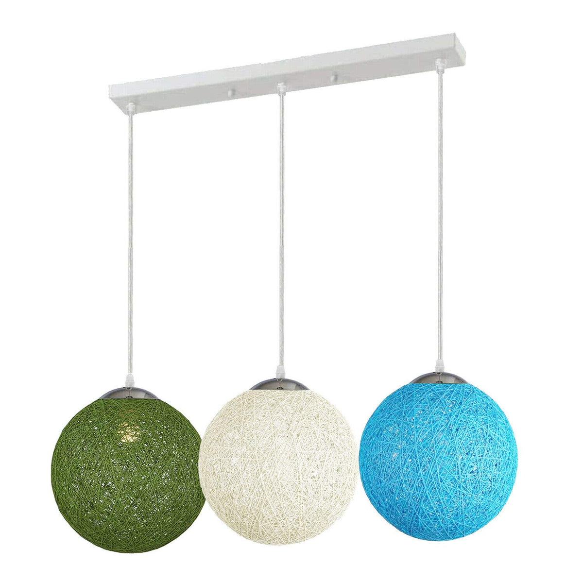 3-Light Rattan Ball Pendant – Round Plate or Bar, Colours & Mixed Sets - Chrome, Rattan Balls Green, White & Blue 500 mm Rose, Without Bulb