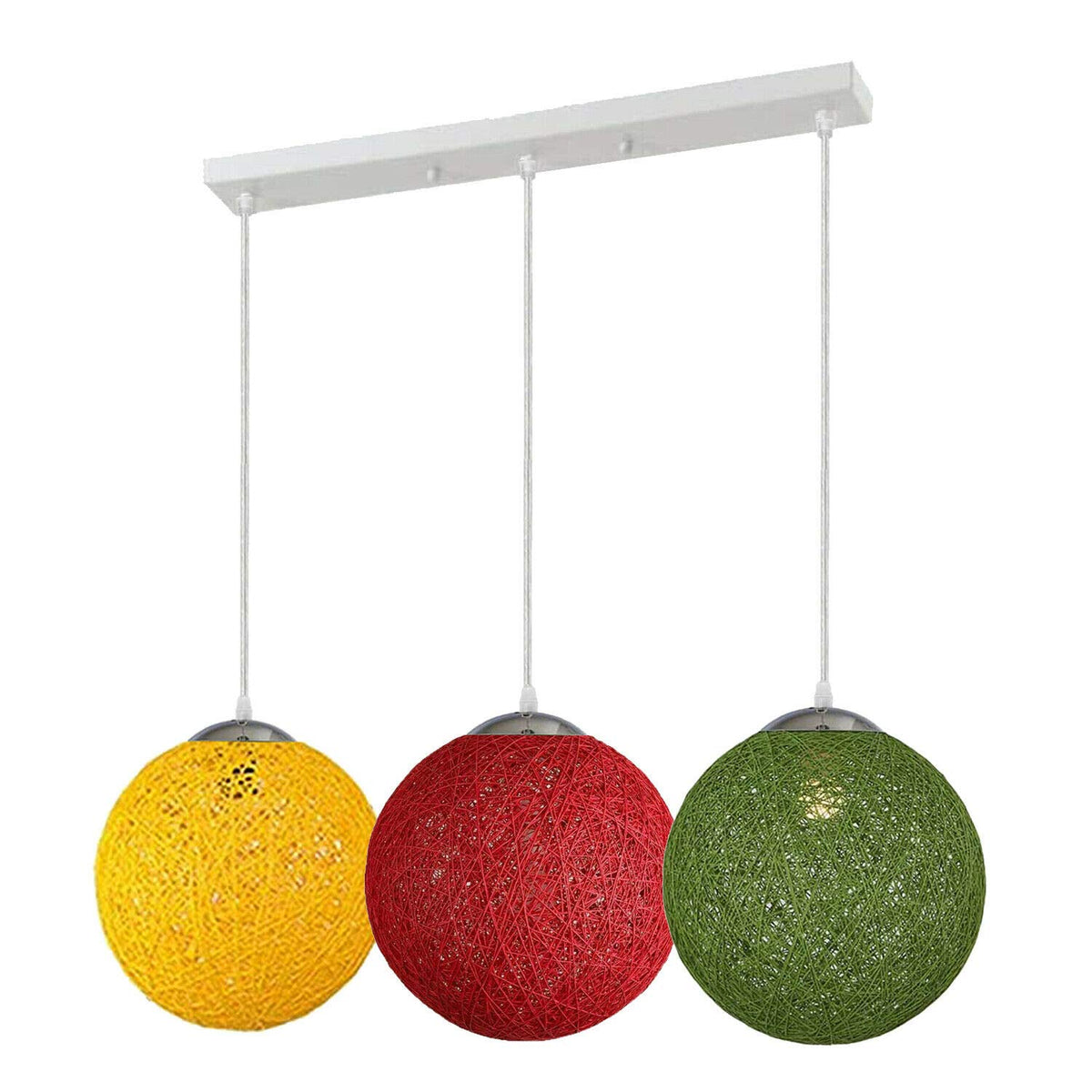 3-Light Rattan Ball Pendant – Round Plate or Bar, Colours & Mixed Sets - Chrome, Rattan Balls Yellow, Red & Green 500 mm Rose, Without Bulb