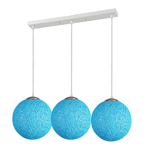 3-Light Rattan Ball Pendant – Round Plate or Bar, Colours & Mixed Sets - Chrome, Rattan Ball Blue 500 mm Rose, Without Bulb