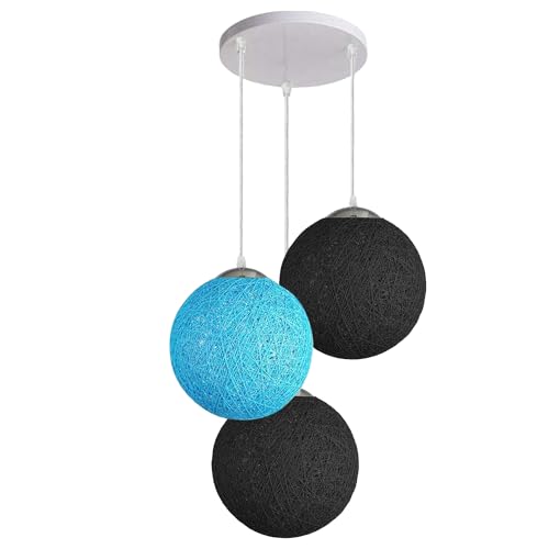 3-Light Rattan Ball Pendant – Round Plate or Bar, Colours & Mixed Sets - Chrome, Rattan Balls 2 Black + 1 Blue 200 mm Rose, Without Bulb