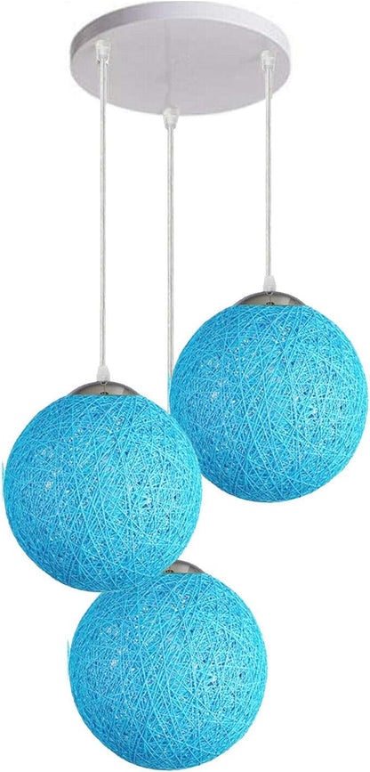 3-Light Rattan Ball Pendant – Round Plate or Bar, Colours & Mixed Sets - Chrome, Rattan Ball Blue 200 mm Rose, Blue Shade RW, Without Bulb