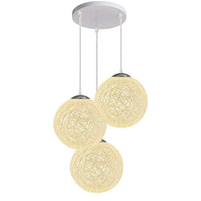 3-Light Rattan Ball Pendant – Round Plate or Bar, Colours & Mixed Sets - Chrome, Rattan Ball Cream 200 mm Rose, Without Bulb