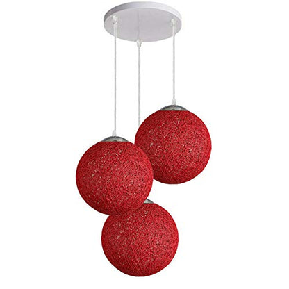 3-Light Rattan Ball Pendant – Round Plate or Bar, Colours & Mixed Sets - Chrome, Rattan Ball Red 200 mm Rose, Red Shade RW, Without Bulb