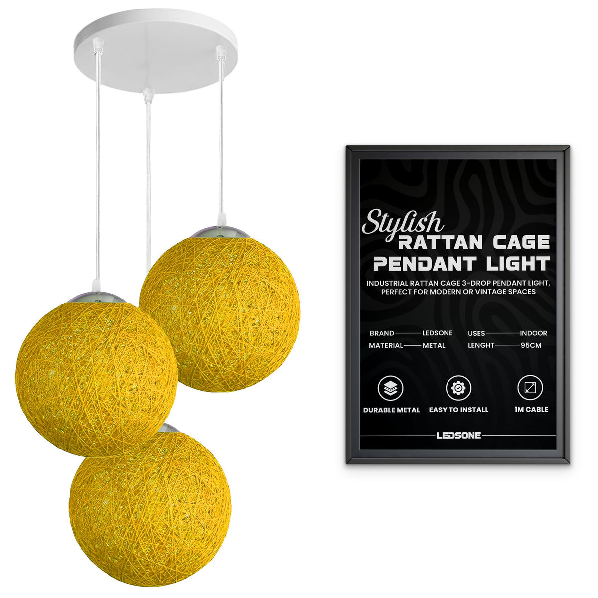 3-Light Rattan Ball Pendant – Round Plate or Bar, Colours & Mixed Sets - Chrome, Rattan Ball Yellow 200 mm Rose, Without Bulb