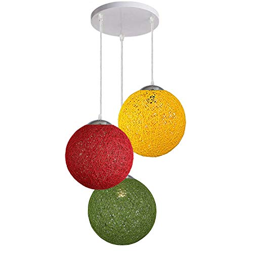 3-Light Rattan Ball Pendant – Round Plate or Bar, Colours & Mixed Sets - Chrome, Rattan Balls Red, Yellow & Green 200 mm Rose, Without Bulb