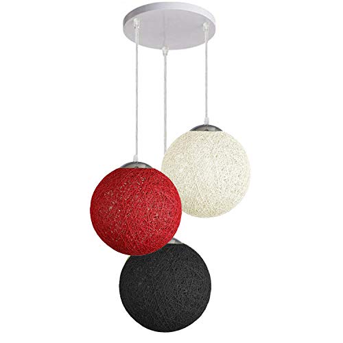 3-Light Rattan Ball Pendant – Round Plate or Bar, Colours & Mixed Sets - Chrome, Rattan Balls White, Black & Red 200 mm Rose, Without Bulb