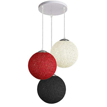 3-Light Rattan Ball Pendant – Round Plate or Bar, Colours & Mixed Sets - Chrome, Rattan Balls White, Black & Red 200 mm Rose, Without Bulb