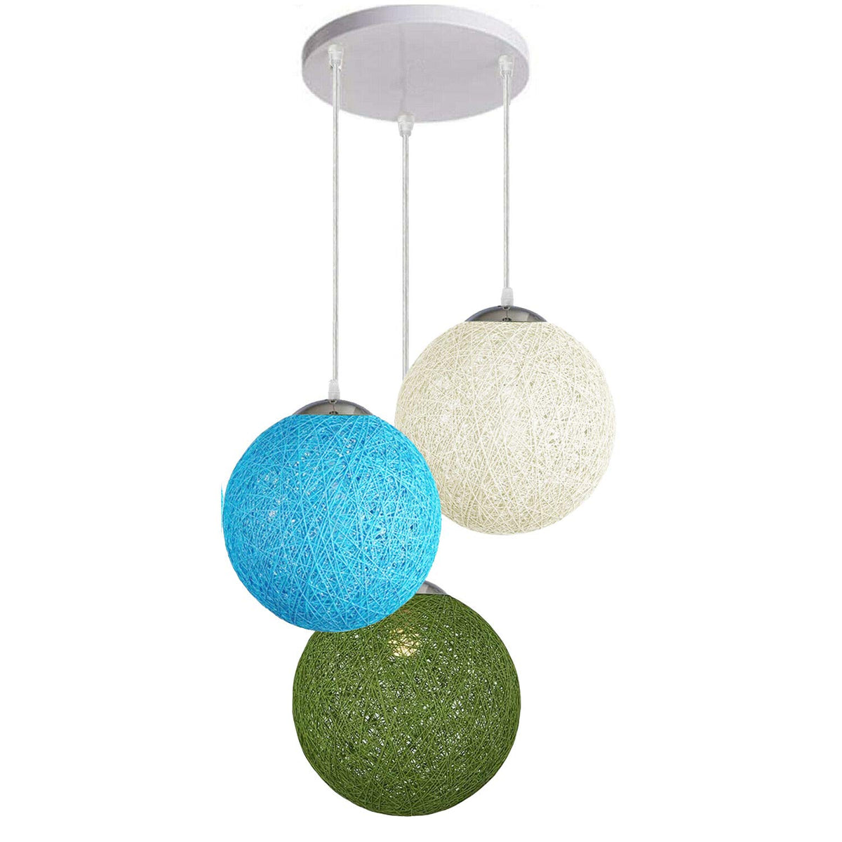 3-Light Rattan Ball Pendant – Round Plate or Bar, Colours & Mixed Sets - Chrome, Rattan Balls White, Green & Blue 200 mm Rose, Without Bulb