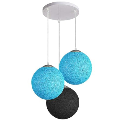 3-Light Rattan Ball Pendant – Round Plate or Bar, Colours & Mixed Sets - Chrome, Rattan Balls 2 Blue + 1 Black 200 mm Rose, Without Bulb