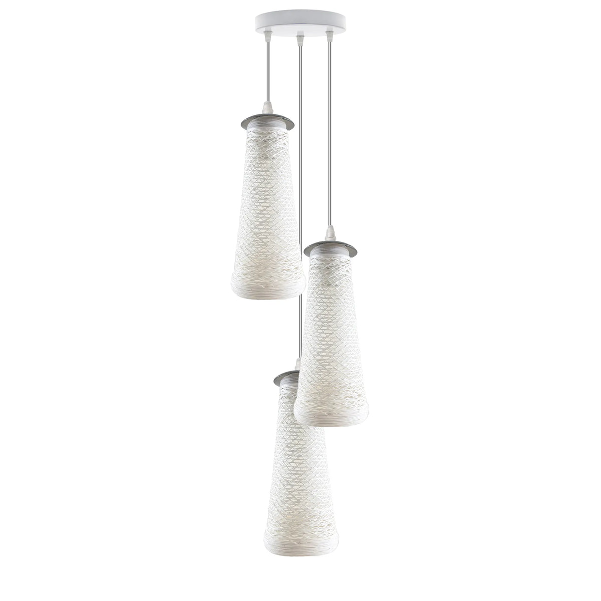 3-Light Rattan Ball Pendant – Round Plate or Bar, Colours & Mixed Sets - Chrome, Rattan Tube White 200 mm Rose, Without Bulb