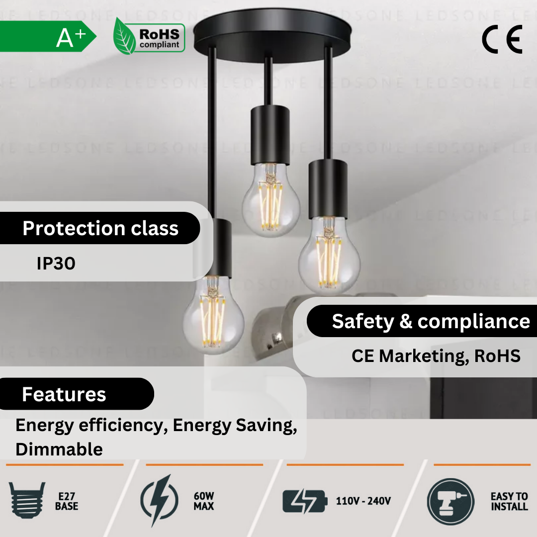 3-Light Semi Flush Ceiling Light – Black, E27 - photo 3
