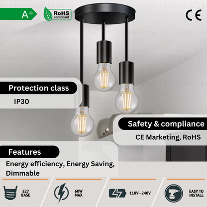 3-Light Semi Flush Ceiling Light – Black, E27 - photo 3