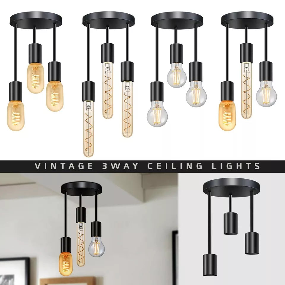 3-Light Semi Flush Ceiling Light – Black, E27