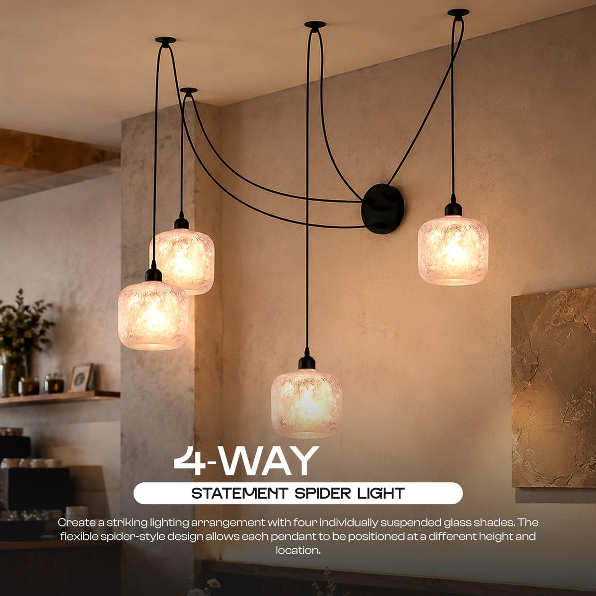 4-Way Spider Pendant Light – Frosted Glass Shades, 2m Cables - photo 5