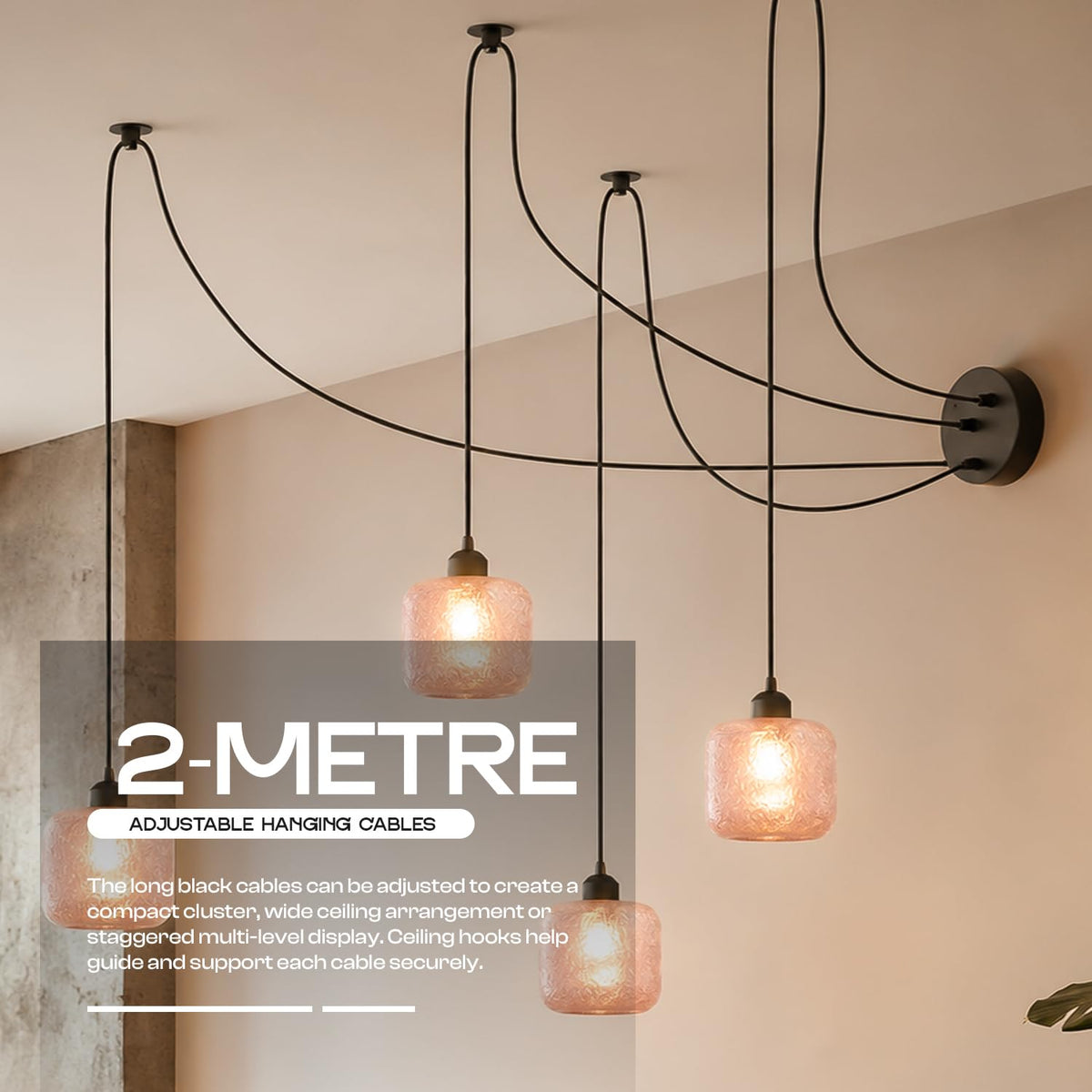 4-Way Spider Pendant Light – Frosted Glass Shades, 2m Cables - photo 6