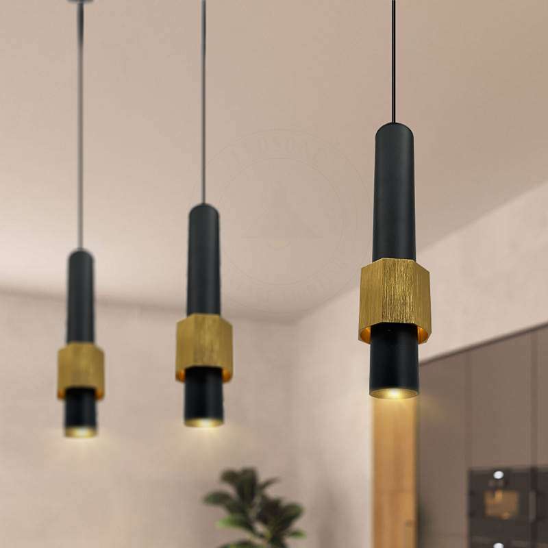 Tube Pendant Light – Black or Black & Gold, Single or Pair