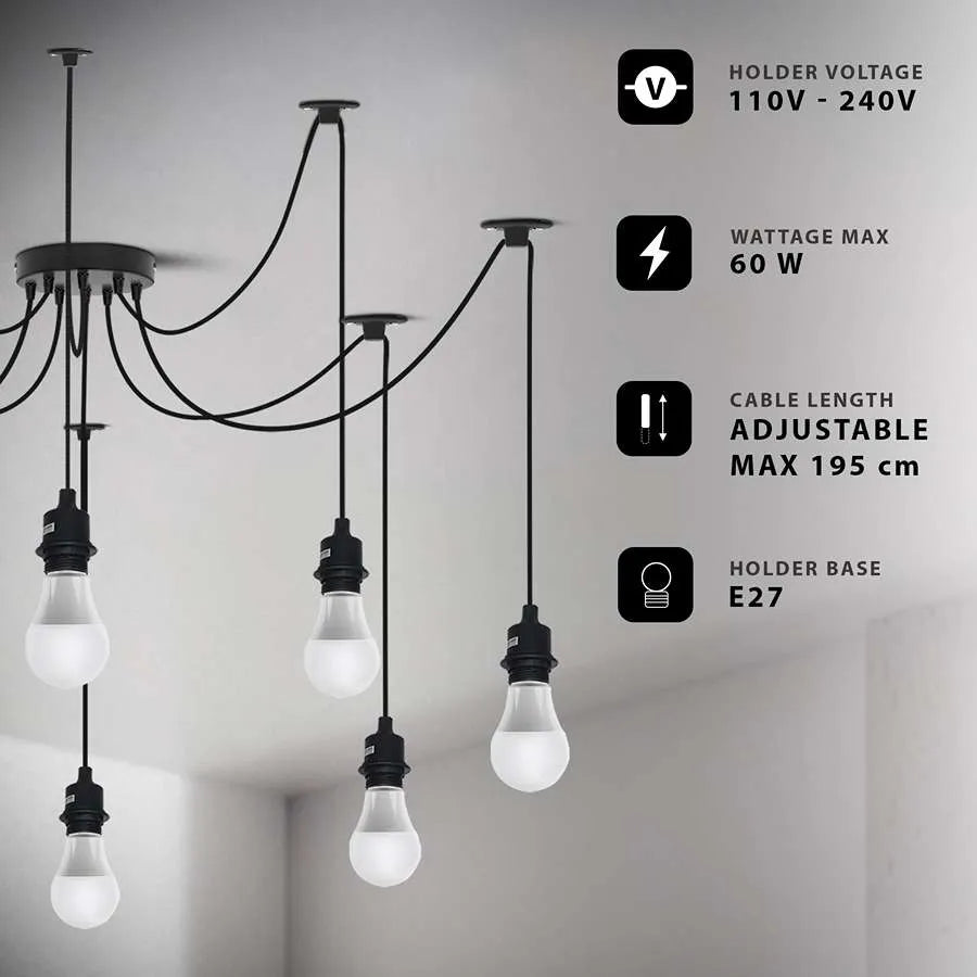 8-Light Black Spider Pendant – Bare E27 Holders, Fabric Cable - photo 2