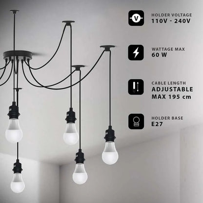 8-Light Black Spider Pendant – Bare E27 Holders, Fabric Cable - photo 2