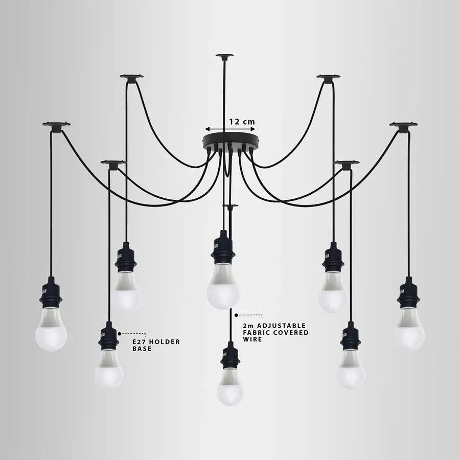 8-Light Black Spider Pendant – Bare E27 Holders, Fabric Cable - photo 3