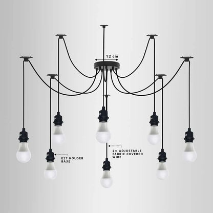 8-Light Black Spider Pendant – Bare E27 Holders, Fabric Cable - photo 3