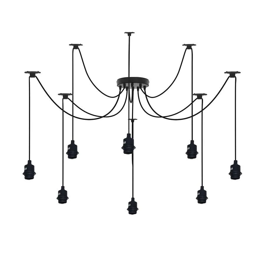 8-Light Black Spider Pendant – Bare E27 Holders, Fabric Cable - photo 6