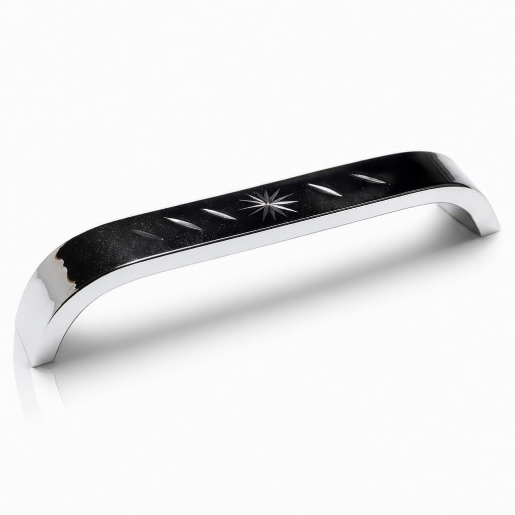 Black and Chrome Cabinet Handle – 140 mm, Star-Cut Decorative Top