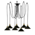 7-Light Spider Pendant – Black Cone Shades, Brass Holders, E27 - Yellow Brass, Flat Cone 22 cm Black, Without Bulb