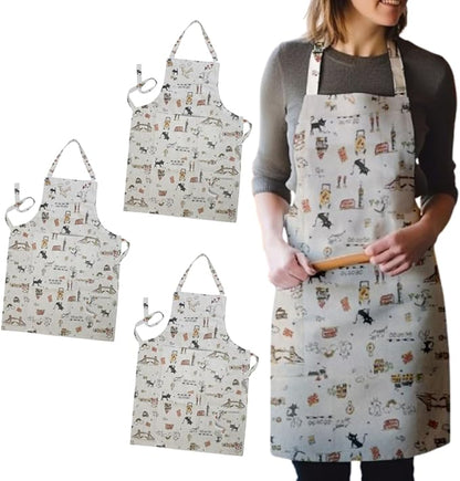 London Cats Print Cotton Bib Aprons, Pack of 3 – Front Pocket - Pack of 3