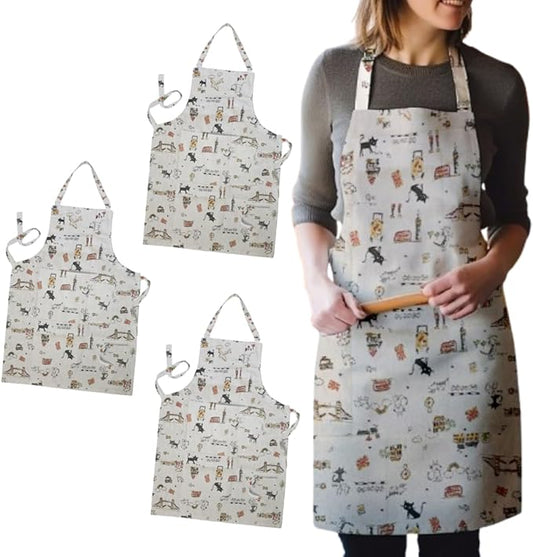 London Cats Print Cotton Bib Aprons, Pack of 3 – Front Pocket - Pack of 3