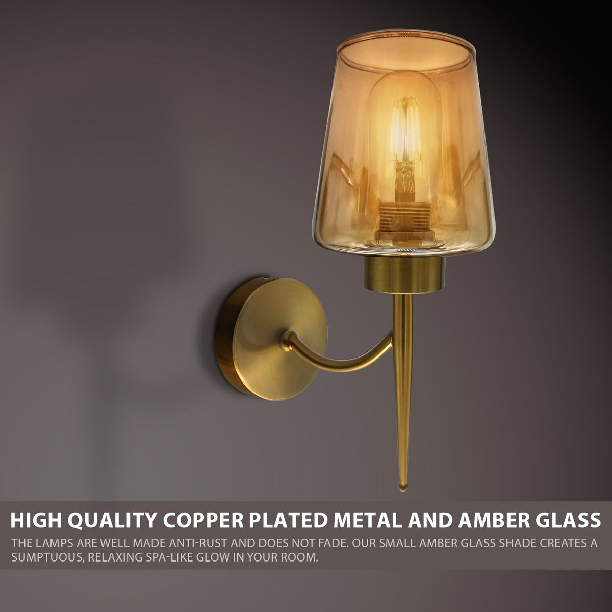 Amber Glass Wall Light with Curved Arm – Copper Plated, E27 - photo 3