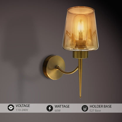 Amber Glass Wall Light with Curved Arm – Copper Plated, E27 - photo 4