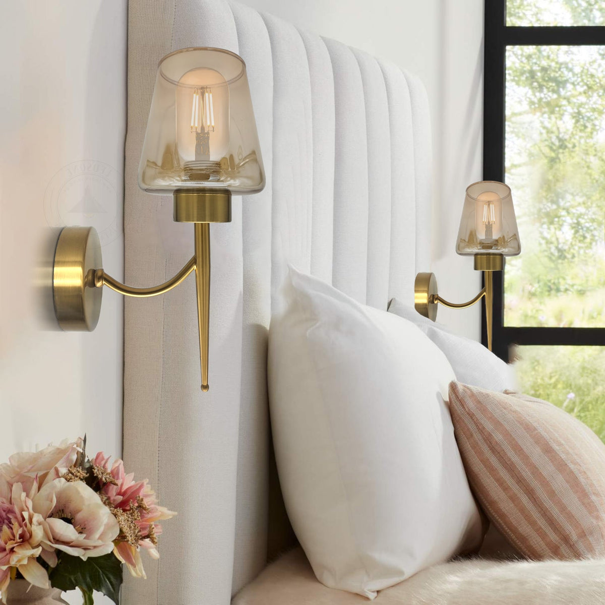 Amber Glass Wall Light with Curved Arm – Copper Plated, E27 - photo 7