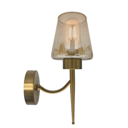 Amber Glass Wall Light with Curved Arm – Copper Plated, E27 - T45 LED Bulb 4W, Copper, No Shade