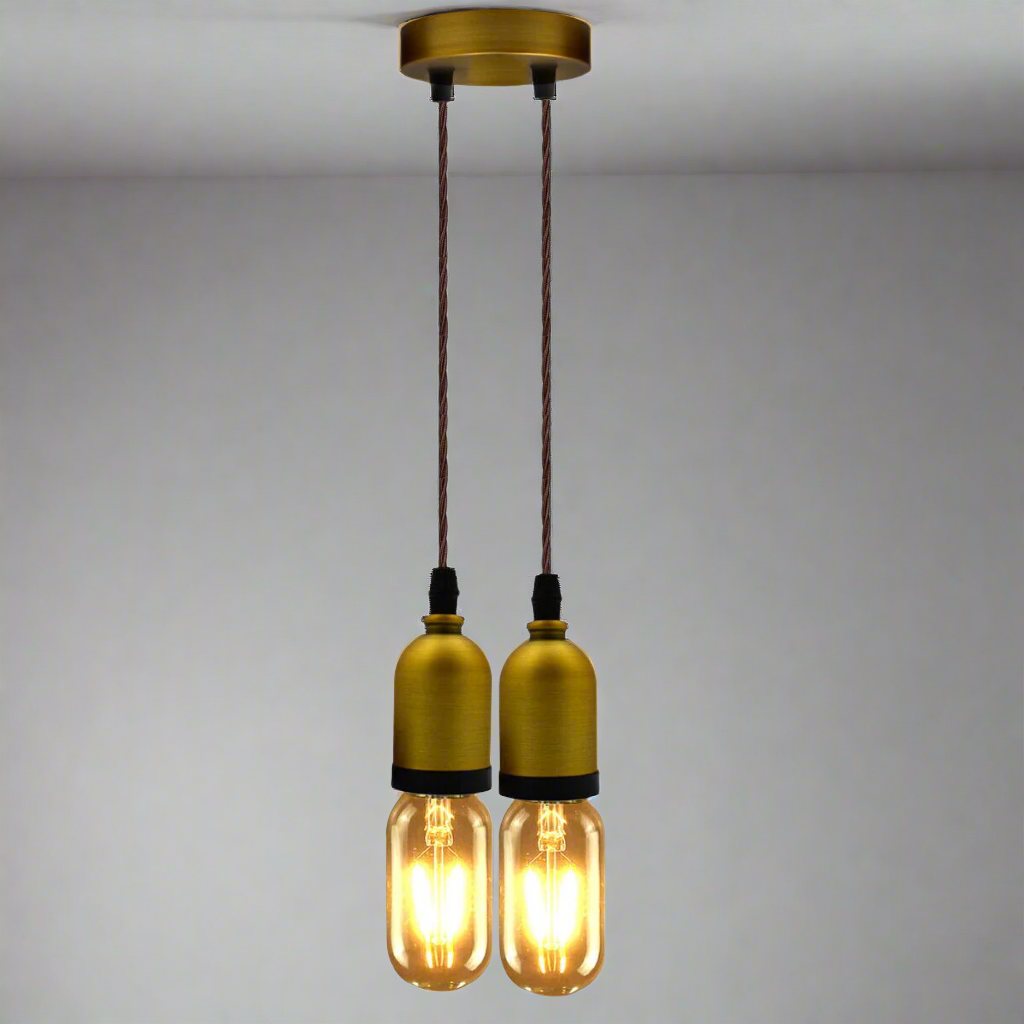 Twin Pendant Light – Yellow Brass Holders, Braided Cable, E27