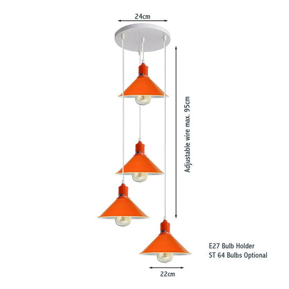 4 Light Cascade Pendant – Orange Cone Shades, 24 cm Round Plate, E27 - photo 3