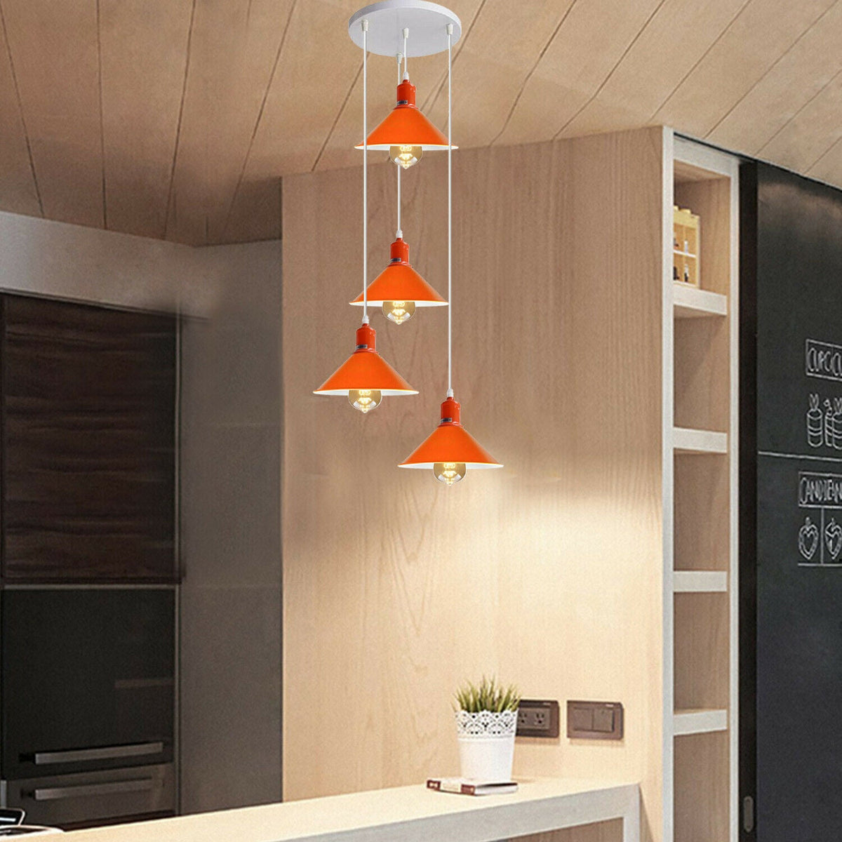 4 Light Cascade Pendant – Orange Cone Shades, 24 cm Round Plate, E27 - photo 4